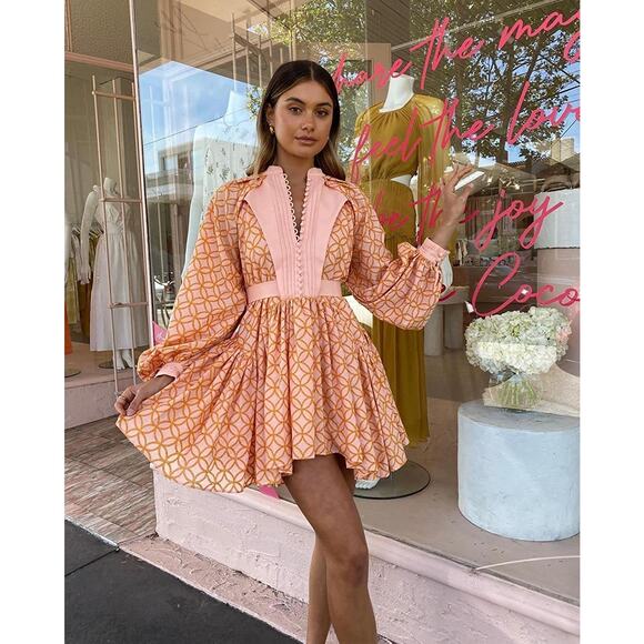 Bohemian Orange Cowgirl Long Lantern Sleeve Swing Mini Dress XL Festival Pockets - Picture 2 of 8